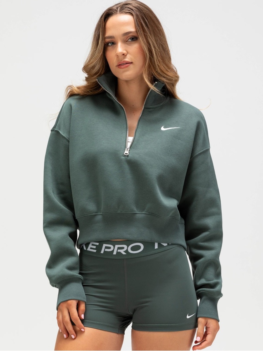Nike Phoenix Women's Dark Green Quarter-Zip Crop Sweatshirt